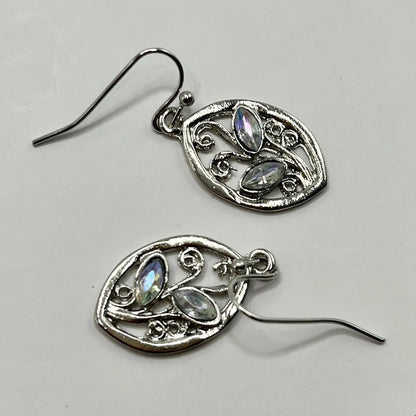 Silver alloy leaf-shaped women's earrings with embedded blue-grey moonstones and a butterfly clasp.