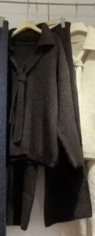 Sweater suit set with top and trousers in acrylic fibre imitation cashmere fabric, available in dark grey, grey, beige, or dark coffee