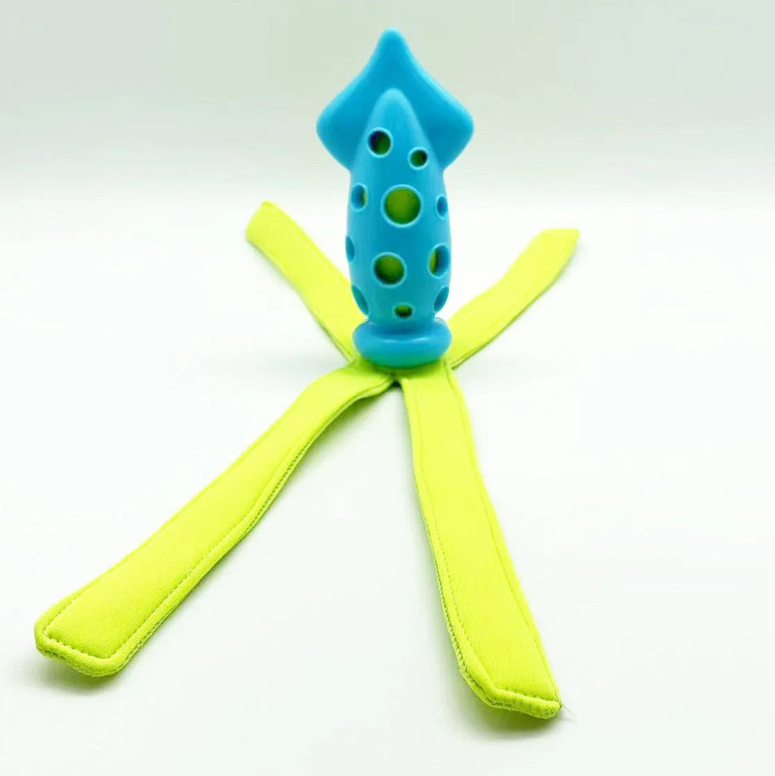 Blue cuttlefish-shaped dog chew toy with squeaker measuring approximately 39 cm