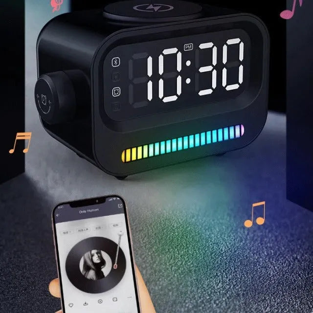 Three-in-one digital alarm clock with atmosphere light and speaker, black or white, 1200 mAh battery