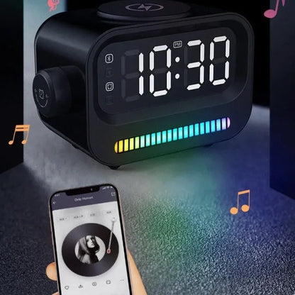 Three-in-one digital alarm clock with atmosphere light and speaker, black or white, 1200 mAh battery