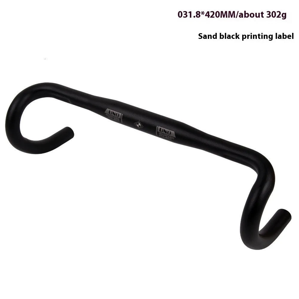 Black UNO road bike aluminium racing handlebar with small bent profile showing 31.8mm clamp markings