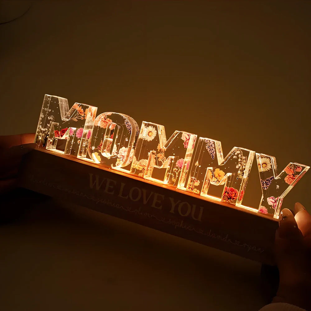 Custom flower printed LED night light with personalised text on acrylic surface in three size options