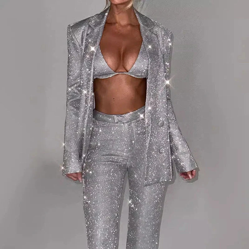 Women's 3-piece sequin-detailed party suit set in various colors and sizes
