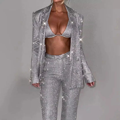 Women's 3-piece sequin-detailed party suit set in various colors and sizes