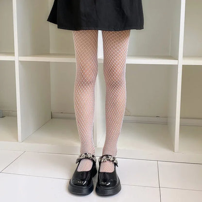 Women's black and white mesh stockings showing large, medium, and small hole patterns.