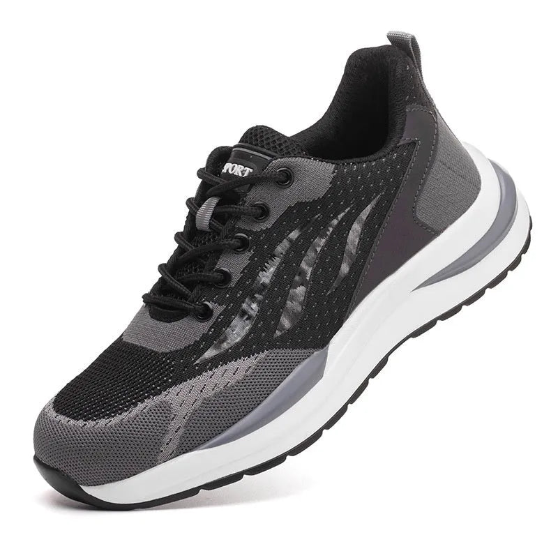Men's black and grey insulated electrician safety shoes with lace-up closure, showing microfiber leather and mesh upper.
