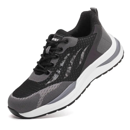 Men's black and grey insulated electrician safety shoes with lace-up closure, showing microfiber leather and mesh upper.