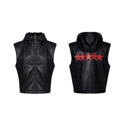 Black men's PU leather waistcoat coat with hood and five-pointed star design