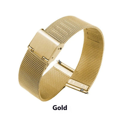 Milani silk woven stainless steel watch band showing metallic finish and woven texture, available in multiple width sizes