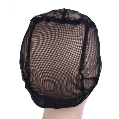 Black nylon mesh wig cap with flat top crown, high elastic breathable hairnet, size M 56-58cm
