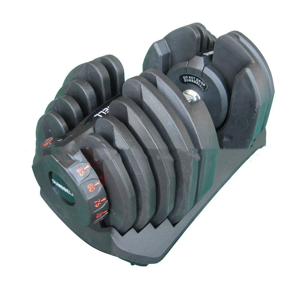 Black automatic adjustable dumbbell with dial weight selector showing 5-25kg range