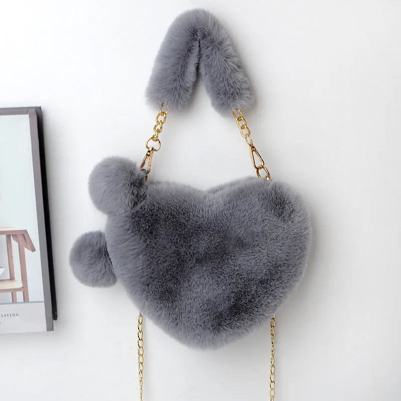 Women's soft plush heart-shaped handbag with shoulder strap in multiple solid colours