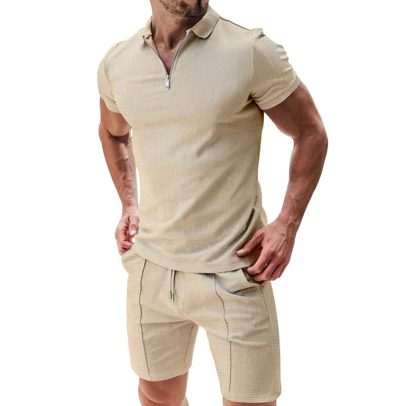 Men's waffle texture summer outfit set with zipper lapel top and drawstring shorts
