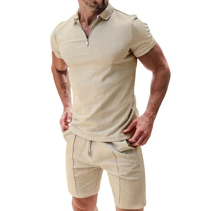 Men's waffle texture summer outfit set with zipper lapel top and drawstring shorts