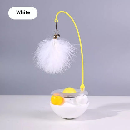 Interactive cat toy with catnip, feather wand, and spinning balls in white, indigo, fluorescent yellow, and pink