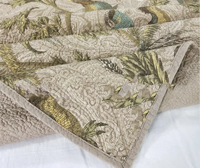 Blue American floral pattern cotton bedspread measuring 230x250cm with reactive printed bird and flower design