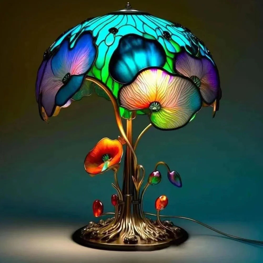 Coloured glass desk lamp with mushroom theme, 15-20cm height, plastic base