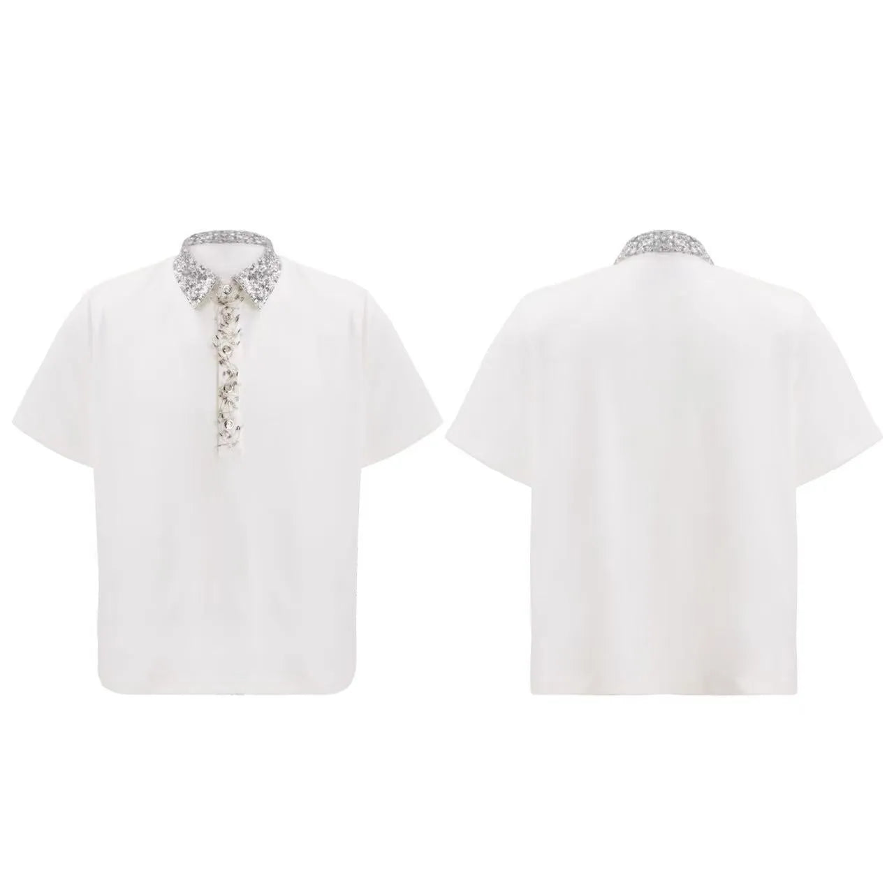 Men's black loose-fit polo shirt with embroidered and sequined square collar, short sleeves, solid colour