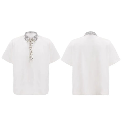Men's black loose-fit polo shirt with embroidered and sequined square collar, short sleeves, solid colour
