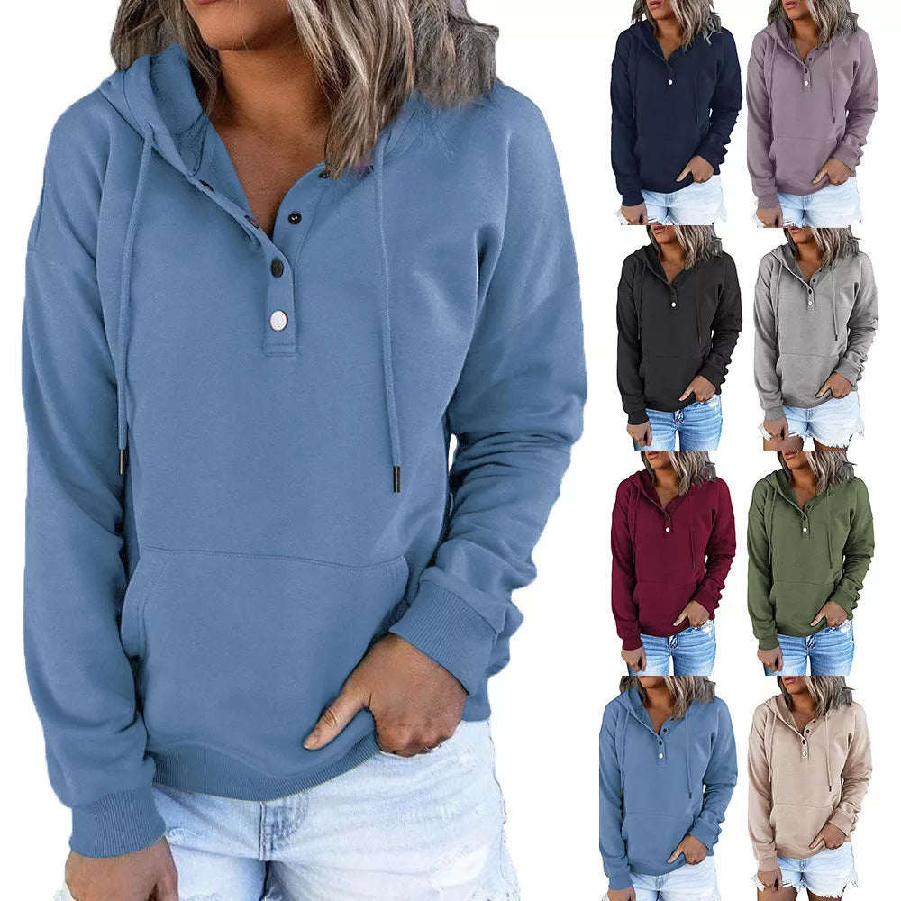 Women's long-sleeved hooded sweatshirt with pockets in various colors