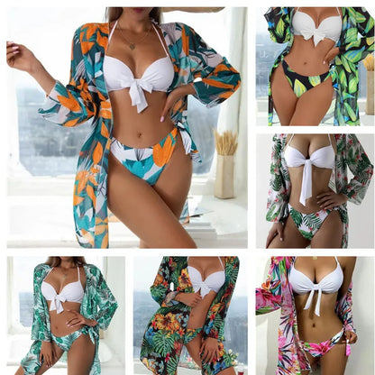 Women's three-piece bikini swimsuit set in polyester with mesh split design.