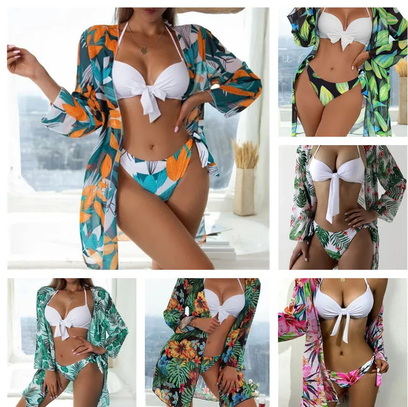 Women's three-piece bikini mesh split swimsuit for swimming and wading in polyester with quick-dry fabric, high elasticity, fresh European and American style, and a conservative fit available in sizes S, M, L, XL.