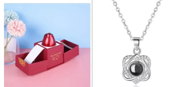 Valentine's Day metal rose jewelry gift box necklace with adjustable crystal design