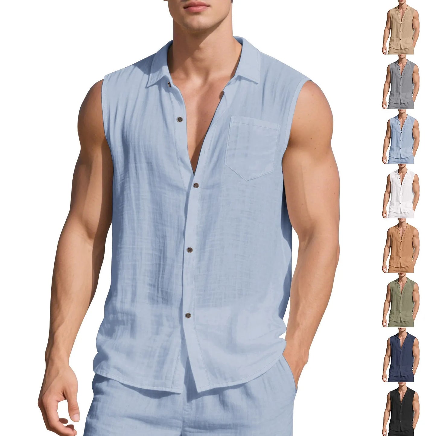 Loose-fit sleeveless linen cardigan vest with a polo collar in a solid colour on a hanger.