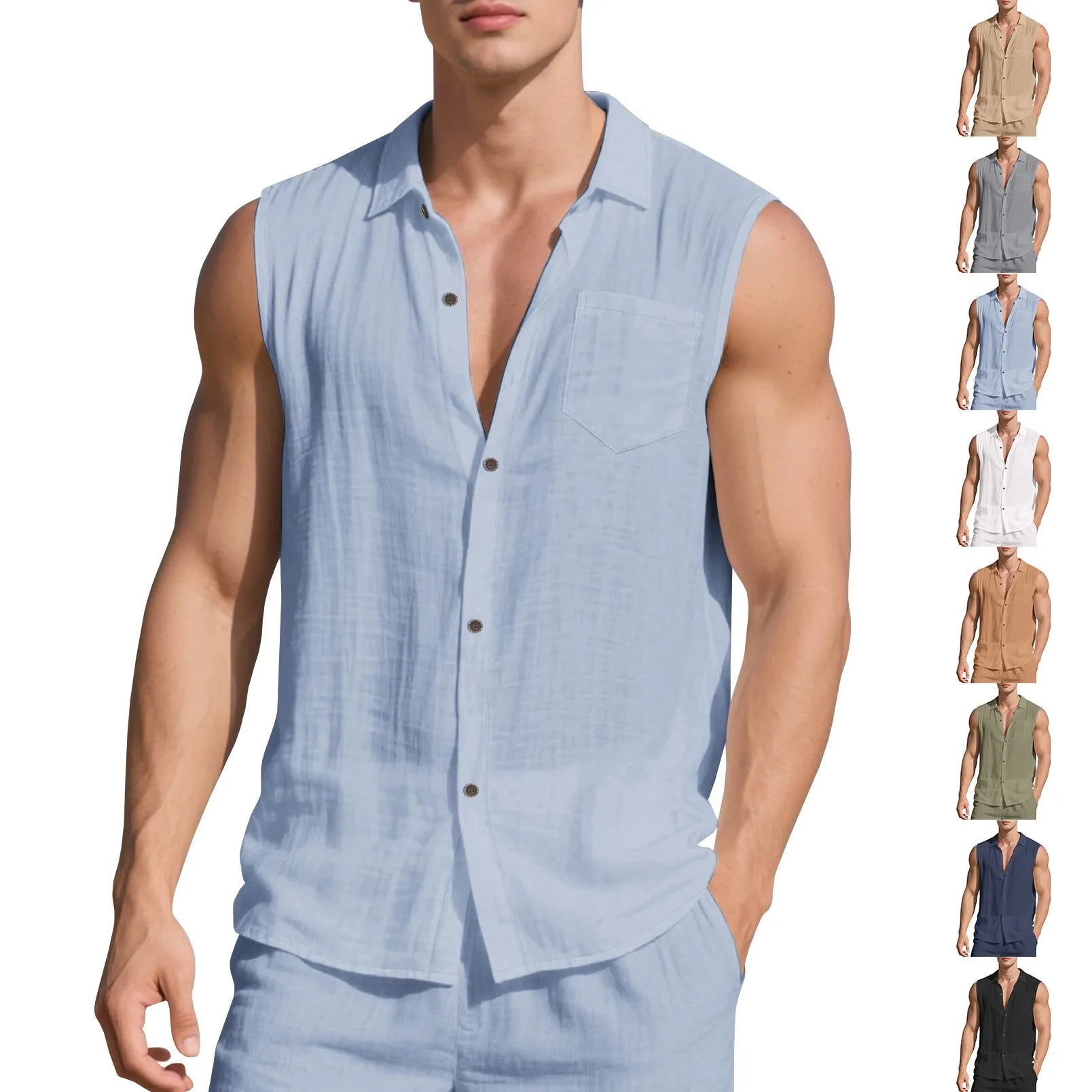 Loose-fit sleeveless linen cardigan vest with a polo collar in a solid colour on a hanger.
