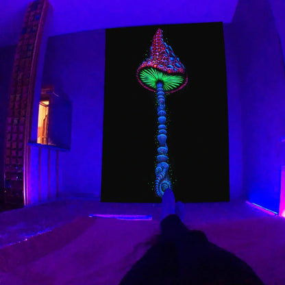 Fluorescent tapestry with psychedelic mushroom pattern glowing under UV light, measuring 150x130cm