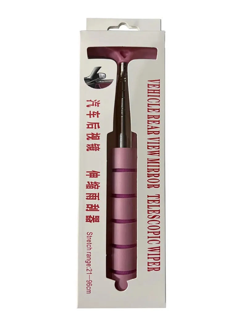 Car rearview mirror wiper with 100cm extendable stainless steel shaft and 6.5cm rubber blade for keeping side mirrors clear in rain or snow, available in five colours including black, blue, green, orange, and pink.