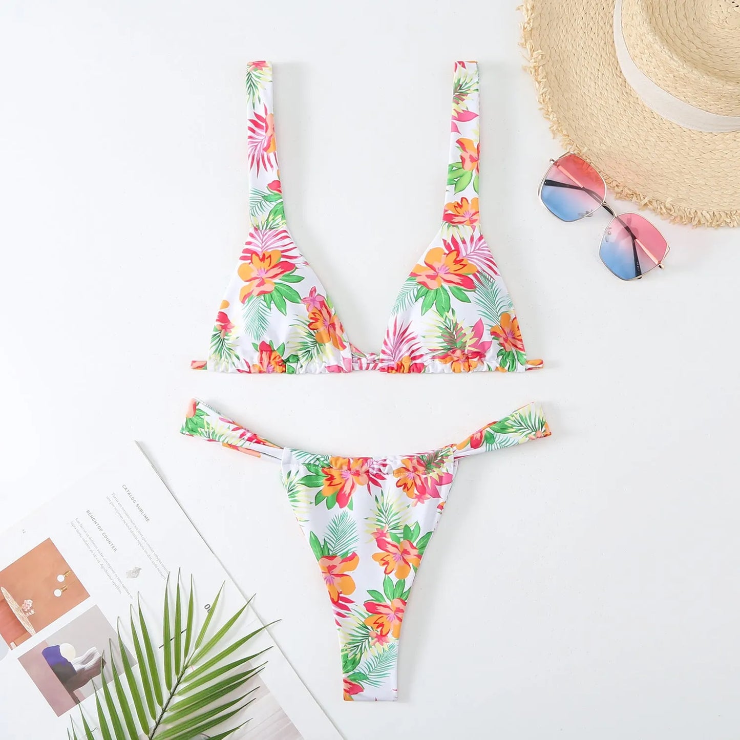 Women's floral printed bikini swimsuit in polyester fabric with bra and panties set