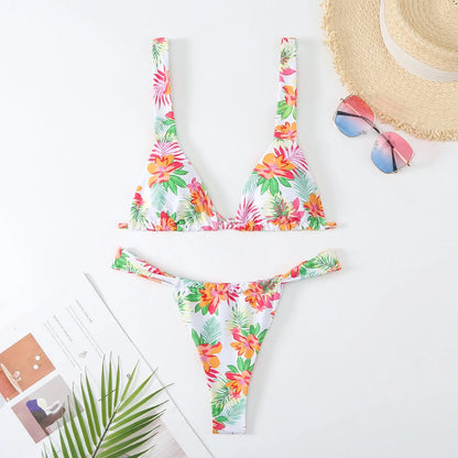 Women's floral printed bikini swimsuit in polyester fabric with bra and panties set