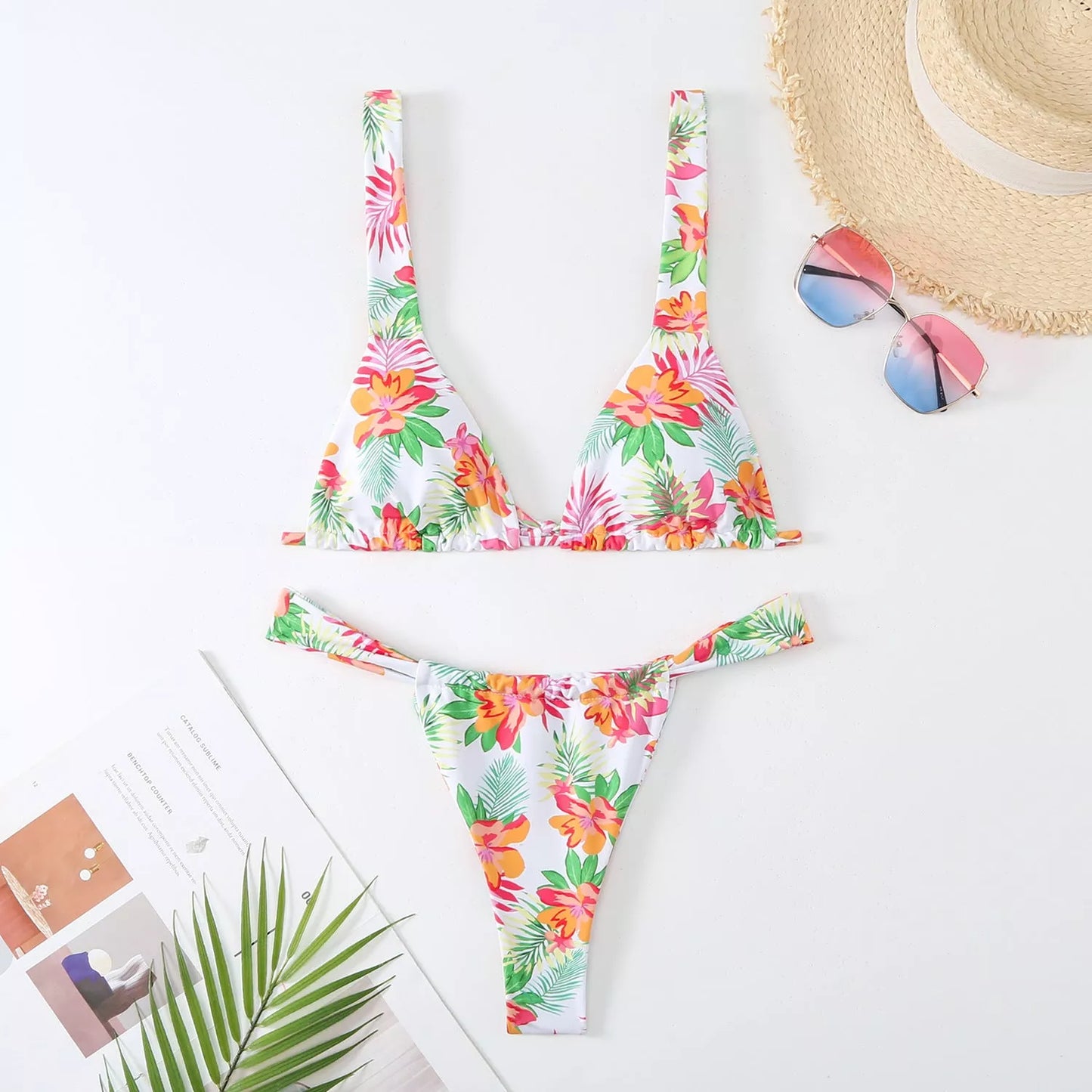 Women's floral print bikini swimsuit in vibrant colors for swimming and beach outings