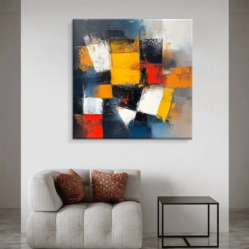 Hand-painted abstract oil painting on canvas, square unframed one-panel wall art, rolled for delivery