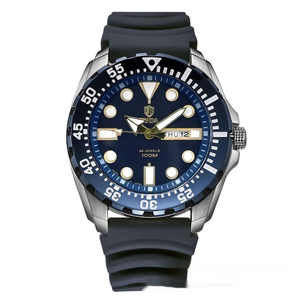 Men's waterproof luminous sports watch showing blue dial with steel strap option