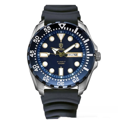 Men's waterproof luminous sports watch showing blue dial with steel strap option