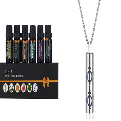 Six 10ml bottles of natural essential oils including orange, lavender, tea tree, mint, eucalyptus and lemongrass in presentation box