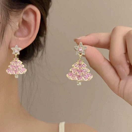Pink Christmas tree shaped dangle earrings with sparkling zircon accents