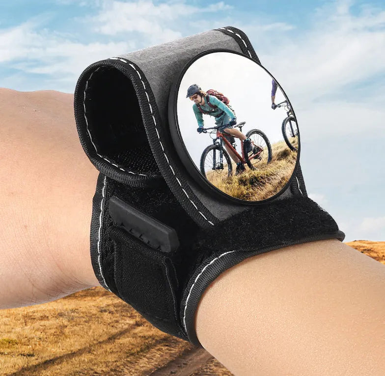 Black nylon wrist-mounted bicycle rear-view mirror for cyclists
