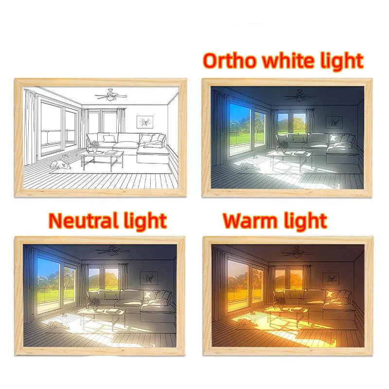 LED illuminated decorative picture light on a table showing a scenic landscape image glowing from within.