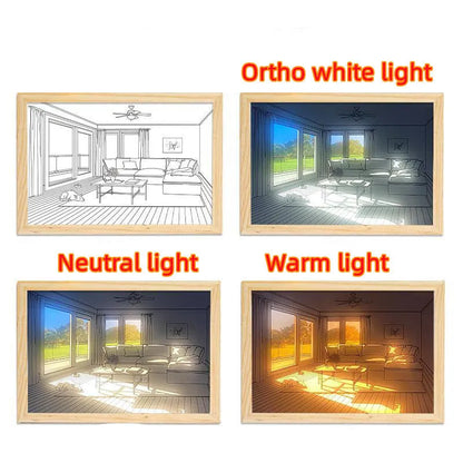 LED illuminated decorative picture light on a table showing a scenic landscape image glowing from within.