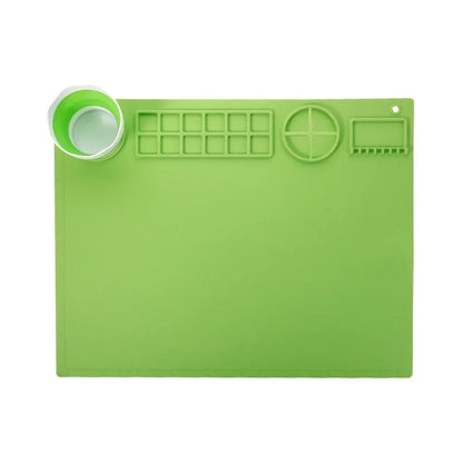 Silicone double bowl painting mat in green colour, 50x40cm with integrated mixing bowls for watercolour art