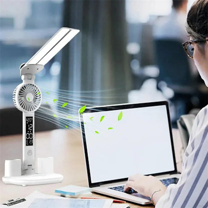 Foldable LED desk lamp with thermometer, calendar, fan, and pen holder
