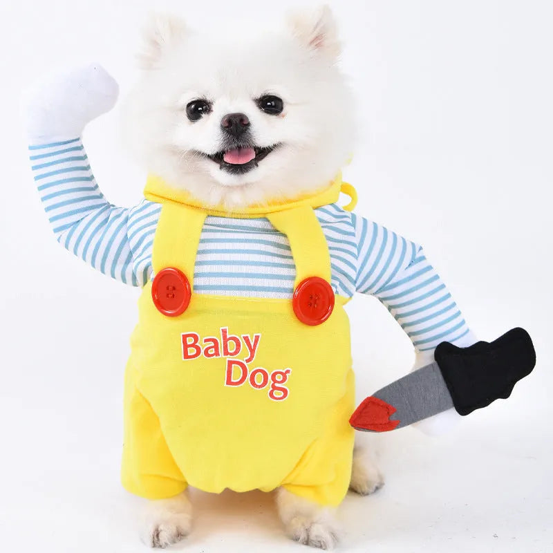 Halloween dog costume example in size M, showing the Bat Suit design made from polyester fabric.
