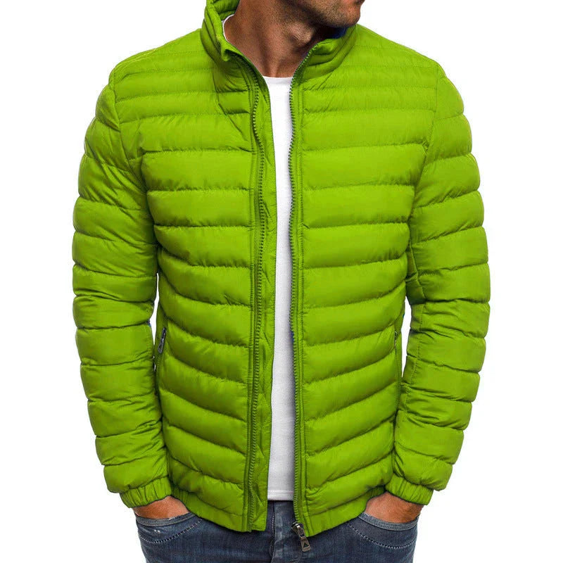 Warm padded winter jacket for men in various solid colors, featuring zippered pockets and a loose, comfortable fit for easy layering.