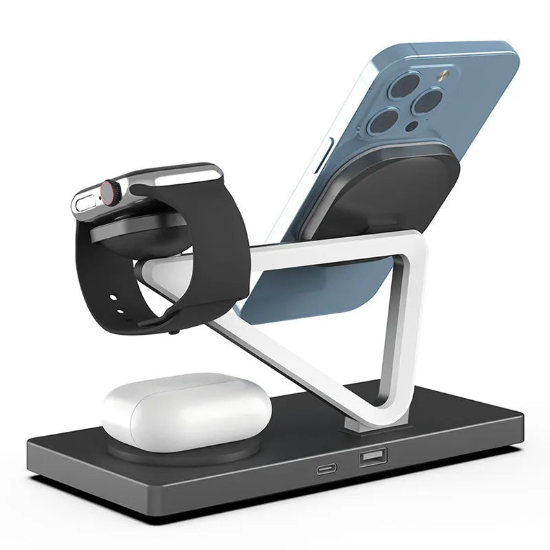 Wireless charging station with magnetic phone bracket, circular charging base and watch dock in black or white