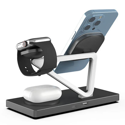 Wireless charging station with magnetic phone bracket, circular charging base and watch dock in black or white