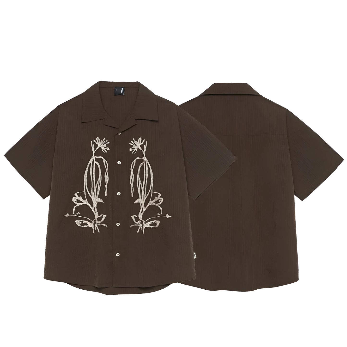 Brown striped Cuban collar short sleeve outdoor shirt made from quick-dry polyester.